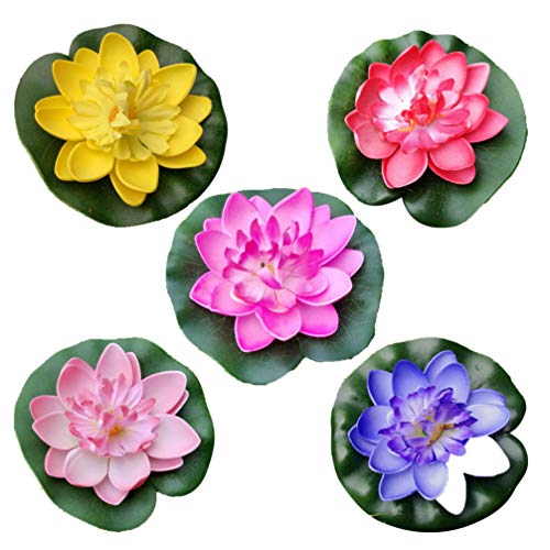 SEWACC 5pcs Artificial Lotus with Water Lily Pad Floating Lotus Flower Realistic Flower Ornanment for Outdoor Garden Pond Aquarium Pool Decoration 10cm