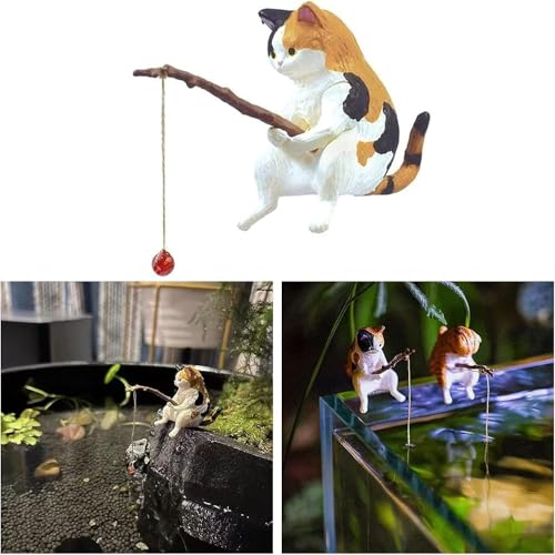 Fish Landscaping Fishing Cat Ornaments Mini Resin Figurine Cartoon Cat Statue for Home Office Fishing Aquarium Decor Cat Figurine Aquarium Decoration
