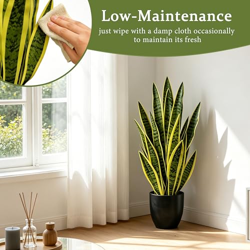 Artificial Snake Plant 2.3FT-2PCS, 27'' Sansevieria Plant with Black Pot, Low Maintenance Mother-in-Law's Tongue for Home Decor Indoor Outdoor, Desk Corner Office Hotel Garden(Yellow-2Pack) - color: Yellow-27in (2 Pack)