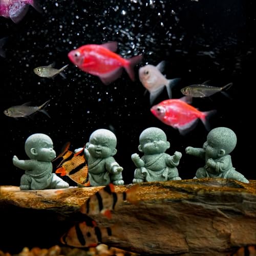 4 PCS Cute Kung Fu Zen Monk Praying Statue, Mini Sandstone Buddha Statues, Stone Monk Figurine Zen Decor for Desktop Decor, Home Feng Shui, Zen Garden, Fish Tank, 4Pcs Grey