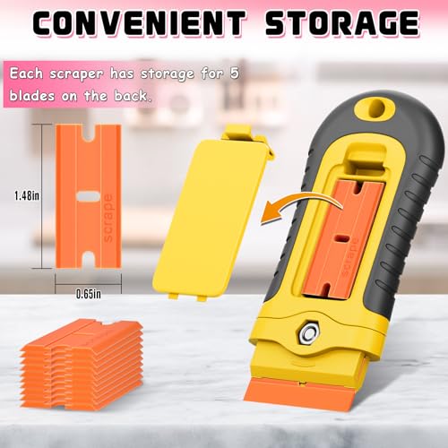 DIYSELF 2 Pcs Plastic Razor Blade Scraper with 10 Pcs Blades, Plastic Scraper Tool for Adhesive Remover, Scrapers for Cleaning Stickers, Decals, Glass, Windows, Car, No Scratches (Yellow) - color: Yellow-plastic Blades, size: 2 Pack