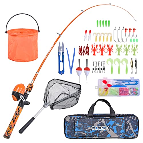 CODEK Kids Fishing Pole Set with Full Starter Kits 2 Set Portable Telescopic Fishing Rod and Spincast Reel Cambos with a Fishing Net and 2 Buckets for Boys Girls and Youth - color: Orange