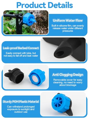 100PCS 1/4" Drip Irrigation Emitters, Kalolary 2 GPH Pressure Compensating Drippers for 4/7mm Tube Micro Sprinkler Garden Constant Water Flow Head for 8L/H Pressure Drip Irrigation Parts (Blue) - color: 2GPH Blue