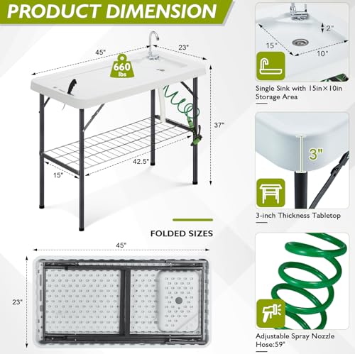 Folding Fish Cleaning Table Portable Camping Sink with Faucet Drainage Hose & Sprayer Outdoor Fillet Station Grid Rack Knife Groove for Picnic Fishing, Black - style: A Sink-Black