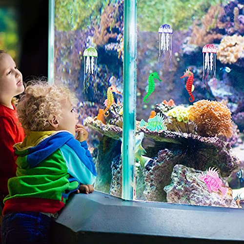 Patelai 8 Pcs Glow in The Dark Fish Tank Decorations Silicone Floating Artificial Jellyfish Fluorescent Lionfish Seahorse for Aquarium Decoration Small Large Fish Bowl Decor Accessories (Dreamy Color)