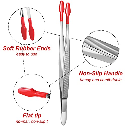 Lasnten 2 Pieces Rubber Tipped Tweezers Forceps Silicone Coated Soft Tweezers Rubber Steel Forceps Non Marring Flat Tip Lab Industrial Hobby Craft Tools, Black and Red, 5.91 Inch