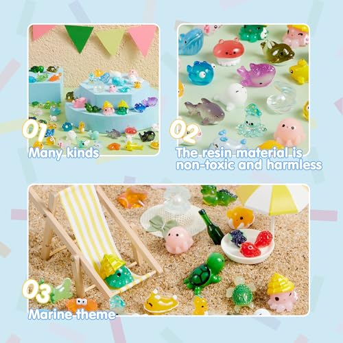 JOYIN 50 Pcs Mini Ocean Resin Animals Figures, Mini Sea Animals Figurines for Aquarium Ornaments Decorations, Cute Garden Accessories, Birthday School Slime Charms for Crafts, DIY Miniature Scenes - style: Ocean Animals