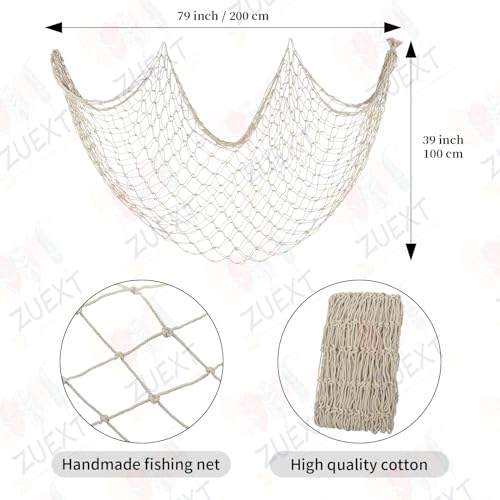 ZUEXT Beige Decorative Fishing Net 80x40 Inch, 2 Pack Large Picture Fish Net, Wall Photo Hanging Fishnet for Nautical Mermaid Pirate Ocean Themed Hawaii Beach Under the Sea Party Decorations - color: Beige White, size: 80" x 40" - 2 Pack