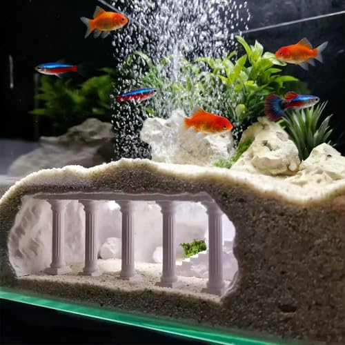 LIYAOLI Aquarium Ornaments Cave Tunnel with Viewing Ports | Fish Tank Decor Hideout for Pleco, Shrimp & Corydoras | Substrate-Friendly Design & Sinking Base (M - Roman Columns - White) - color: M - Roman Columns - White