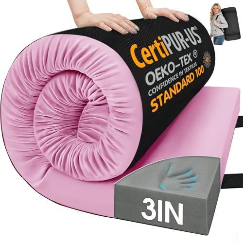 CYMULA 3 Inch Memory Foam Camping Pad, Camping Essentials Roll Up Floor Mat for Car Camping, Cot, Tent, Truck, Travel and Guest Use, Non-Slip Waterproof Bottom, Removable Cover - color: PINK, size: Twin XL:80*38*3
