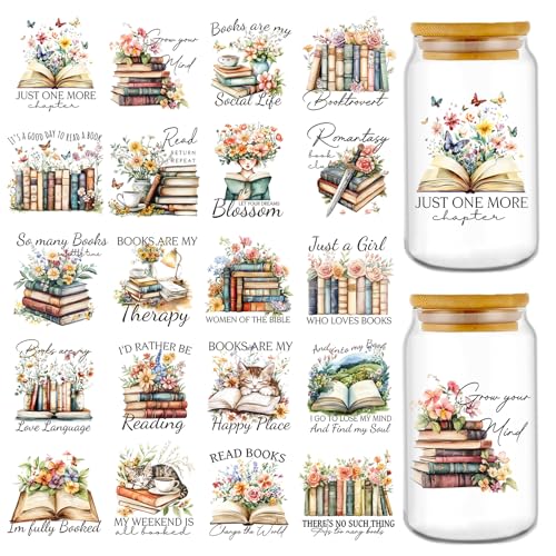 Rngmsi Vintage UV DTF Cup Wrap - 20 Sheets Reading Books UVDTF Decals for 16 oz Glass Cups, Flower Waterproof Bookish Rub on Transfer Stickers for Water Botters, DIY Crafts Book Lover Gift - style: Reading Books