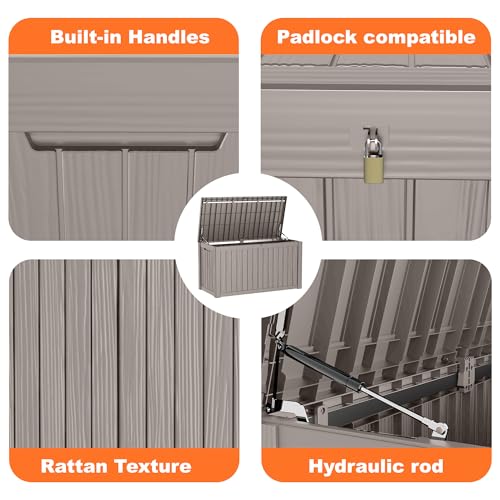 PatioZen 180 Gallon Resin Deck Box, Lockable Patio Outdoor Storage Box for Furniture, Garden Tools and Tools Storage, Waterproof Outside Storage Boxes - Grey - color: Grey, size: 180 Gallon