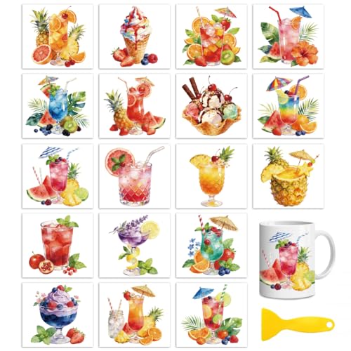 Peacoblue 18 Sheets Rub on Transfers for Crafts, Summer Juice Drinks 3.6"x3.9" UV DTF Cup Wraps Waterproof Cold Transfers Stickers for Wood Glass Metal Cup Tumblers Mirrors Mugs Home Decor - style: Summer Juice Drinks