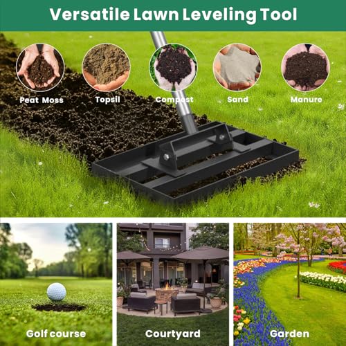 Lawn Leveling Rake 17" x 10" with 78" Adjustable Stainless Steel Handle - Heavy Duty Grass Leveling Tool, Leveling rake for Lawn Care, Yard Leveler