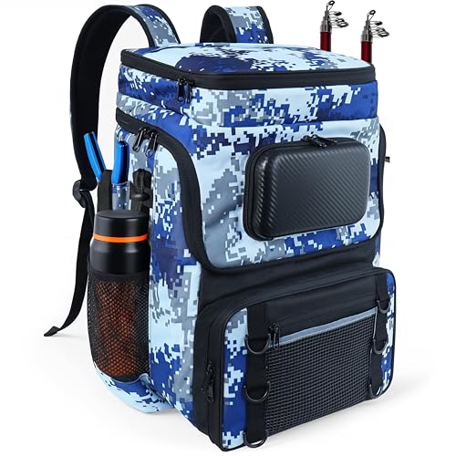 Fishing Backpack with Rod Holder, Large 50L Tackle Bag Water Resistant Tackle Backpack Heavy Duty Fishing Bag Gift for Men Woman - color: Blue Camo without Tackle Boxes or Fishing Tools