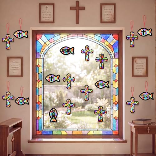 48PCS Sunday School VBS Crafts Bulk: Paper Cross Fish Nativity Suncatchers, Jesus Religious Christian Activity DIY Kits Church Decorations, Window Stained Glass Effect Art Supplies - style: jesus fish and cross