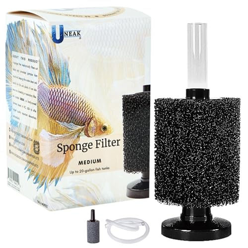 UNEAK Medium Aquarium Sponge Filter Fish Tank Silent Filteration Breeding Fry Betta Shrimp Nano Tank Accessories Air Stone 4-inch Airline Tubing up to 20 Gallon - size: Medium