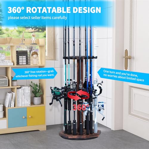 360° Rotating Natural Wood Fishing Rod Holder, Round Floor-Standing Fishing Rack Stores 16 Rods, Fishing Pole Storage Organizer for Garage, Basement, or Shed, Easy to Install - color: Brown, size: Round