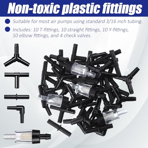 40 Piece Aquarium Airline Tubing Connectors I T L Y, 4pcs Aquarium Air Pump Check Valve Anti Shedding Fish Tank Tube Adapters Splitter Accessories for 3/16 Inch Airline Tubing (Black)