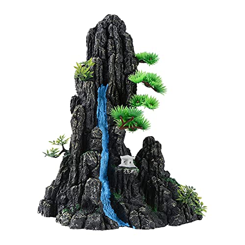 Large and Tall Fish Tank Decorations Aquarium L9.84x W6.14x H12.99inch, Resin Mountain View Aquarium Decor, Rock Thematic Ornaments with Tree & House for Betta Cichlid Goldfish Shrimp Playing Hiding - color: 4#