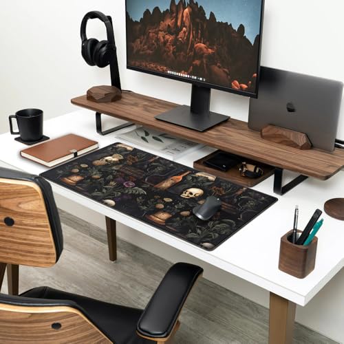 Vintage Aesthetic XL Extended Large Gaming Mouse Pad - Black Academia Mystical Green Plant Design - Computer Laptop Keyboard and Mouse Mat Desktop Protector - 31.5 x 15.8 in - color: Dark Theme