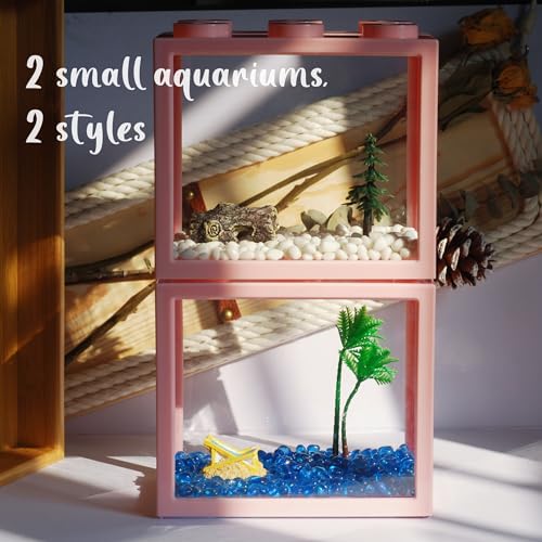 2 Pack Sea Monkey Fish Tank, Mini Betta Fish Tank Stackable Aquarium Tank Kit with Aquarium Gravel & Micro Landscape, 0.6 Gallon Acrylic Fish Bowl Tiny Shrimp Tank for Baby Fish Crab Moss Ball - color: Pink