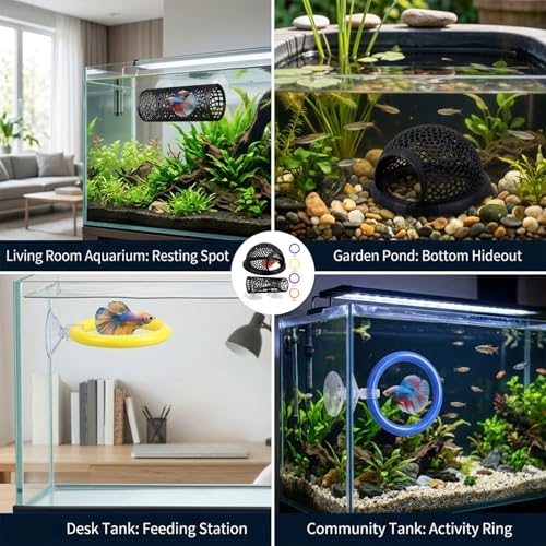 6-Piece Betta Hammock, Betta Resting Spot, Including Circular hammocks, Tunnels and Rings, Set Creating Resting Spots and Hiding Spaces for Fish