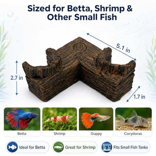 Aquarium Corner Hide Cave – Safe Resin Fish Shelter for Stress Reduction, BPA-Free Tank Decoration, 5.1”x2.7”x1.7” Ideal for Betta, Shrimp & Small Tropical Fish