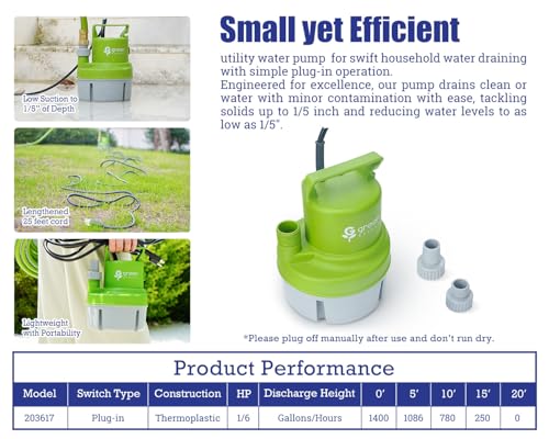 Green Expert Handy Utility Pump Submersible 1/6HP, 25-Foot Long Power Cord, Easy to Remove Water in Pools Hot Tub Flooded House Garden Pond Tankless Heater, Small Backup Pump for Household Drainage