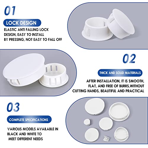 250 PCS 8 Sizes Nylon Plastic Hole Plugs White 1/4, 5/16, 3/8, 1/2, 5/8, 3/4, 7/8, 1 Inch Round Hole, Flush Type Panel Knockout Locking Plugs, Furniture Cabinet Pipe Insert End Covers Caps - size: 8 Sizes, White((1/4“-1”, 250 PCS)