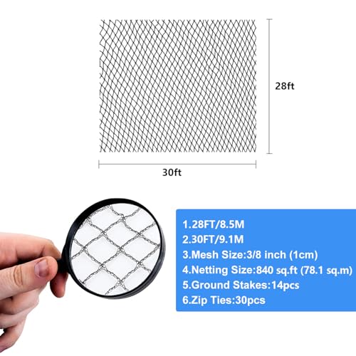 BUZIFU Pond Netting, 28 x 30FT Pond Net for Koi Ponds, Garden Pool Fine Mesh Pond Netting Cover for Leaves, Protects Koi Fish from Birds Cats Predators, with 14 Stakes and 30 Cable Zip Ties - size: 28x30FT