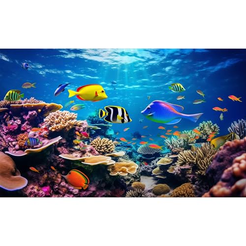 Under The Sea Aquarium Background Coral Reef Ecosystem Colorful Tropical Fish Terrarium Background Ocean Underwater Theme World with Sunbeams Fish Tank Backdrop Wallpaper Decor Poster 24x12in - color: Navy Blue, size: 24(W)x12(H)in