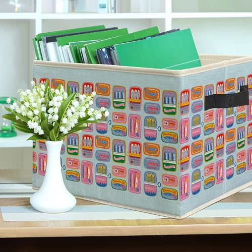 Blue Coastal Beach Sardine Fish Storage Bin Box, Trendy Seafood Ocean Collapsible Storage Basket Organizer for Boys Bedroom Bathroom Beach House Clothes Toys Books, Toybox for Boys