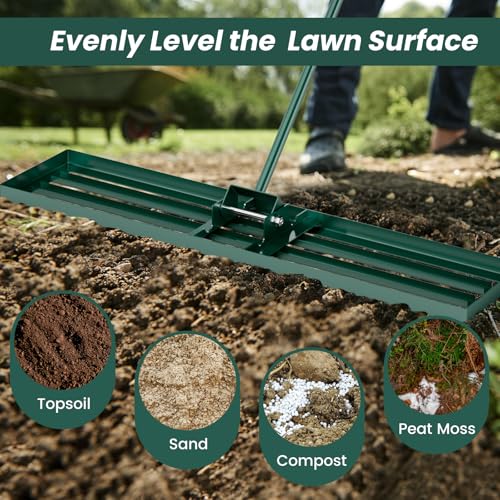 Goplus Lawn Leveling Rake, 46" x 10" Heavy Duty Level Lawn Tool w/ Ergonomic Handle for Soil, Effort-Saving Landscape Rake for Garden, Backyard, Golf Course, Farm, Pasture - style: 46" x 10", Green