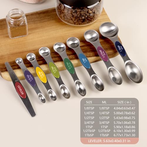 ChefAide Pack of 8 Stainless Steel Magnetic Measuring Spoons Set, Dual Sided, Stackable, Adjustable Teaspoon and Tablespoon Measure Spoon with Leveler, Kitchen Gadgets - color: Multicolor, size: Magnetic Measuring Spoons