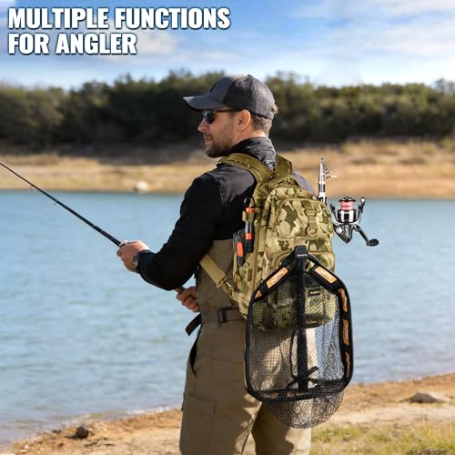 PLUSINNO Fishing Gear,Fishing Backpack with Floating Fishing Net,Tackle Boxes,Waterproof Fishing Tackle Bag,Fishing Gifts for Men - color: Khaki Camo Backpack With Fishing Net