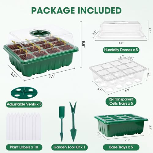 5 Packs Seed Starter Tray with Humidity Dome, Seed Starter Kit with Transparent Drain Hole Base Indoor Greenhouse Mini Propagator for Seeds Growing Starting(60 Cell Trays, Green)
