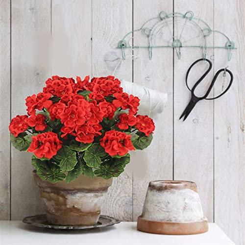 CISDUEO 2 Pcs Artificial Geranium Flowers for Outdoors Silk Flowers Outside UV Resistant Red Fake Geraniums Bush Faux Flowers for Planter Outdoor Decor Indoor Garden Patio Table Centerpiece