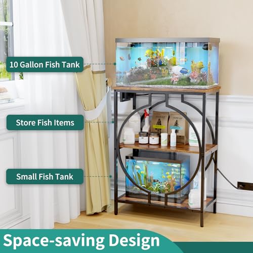 10 Gallon Aquarium Stand with Power Outlet, 3 Tier Heavy Duty Metal Fish Tank Stand with Storage, Fish Tank Table for Home Office, 21.3" x 11.8" x 29", Rustic Brown