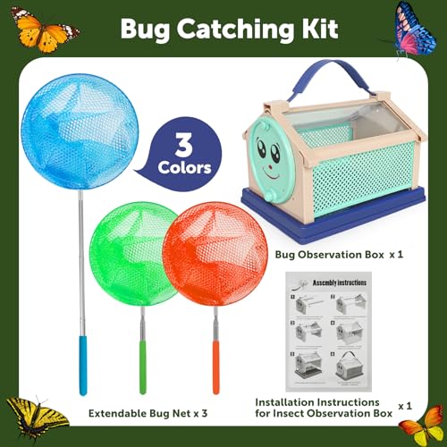 Kids Bug Catcher, Bug Catching Set with Butterfly Net, Insect Toys Collection Box, Insect Habitat, Kids Adventure Set Outdoor Toys-Nature Exploration Set for Kids 3+ Years - color: Insect Catching Kit
