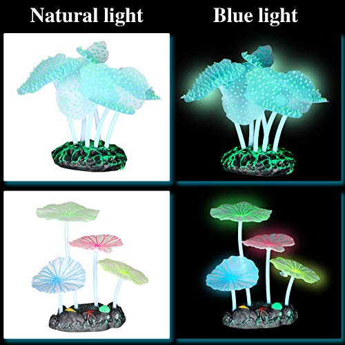 Frienda 8 Pieces Glowing Effect Fish Tank Decorations Artificial Plants with 2 Style Glowing Kelp, Sea Anemone, Simulation Coral, Jellyfish, Lotus Leaf, Mushroom for Aquarium Ornament(Yellow, Pink) - color: Yellow, Pink