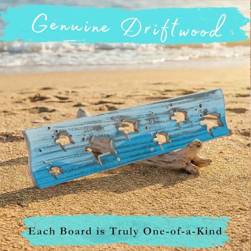 Sea Turtle Driftwood Wall Art & DIY Key Holder – Handmade Coastal Home Decor – 17.5" Genuine Weathered Wood Plank with 5 Removable Hooks for Keys, Leashes, and Jewelry – Beach House Entryway Organizer (Turtle Bay) - style: Turtle Bay
