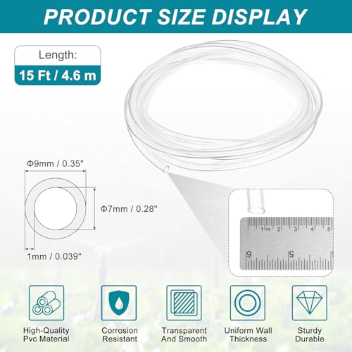 uxcell Clear PVC Tubing, 7mm ID x 9mm OD - 15ft PVC Tube Lightweight Vinyl Hose, Transparent Flexible Plastic Water Tubing for Air Oil Water Transfer Aquarium Irrigation - size: 7mm ID x 9mm OD