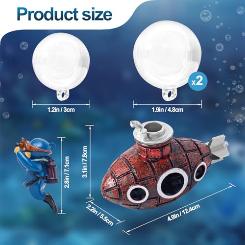 New Upgrade Floating Fish Tank Decoration, Cute Retro Submarine Set and Floating Diver,Three Float Balls, Aquarium Decorations Resinous Betta Fish Tank Accessories - color: Reddish Brown