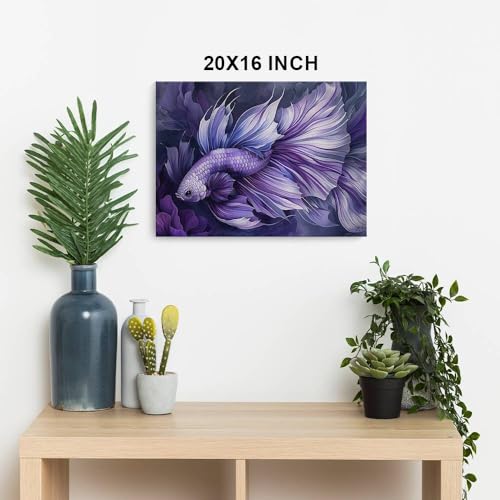 HomeGiftCentral Betta Fish Purple Dark Design 1 Canvas Wall Art Picture Prints Artwork Framed For Living Room Wall Home Decor Gifts For Family Art Easy Hanging - color: Design 1, size: Small(10x8in)