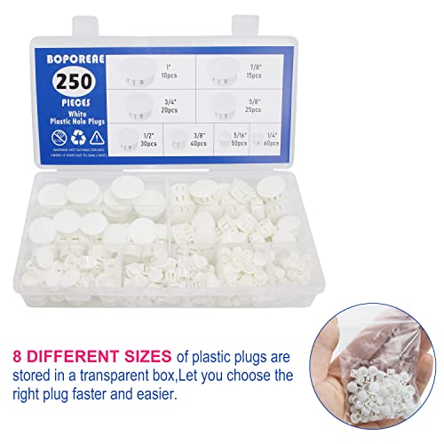250 PCS 8 Sizes Nylon Plastic Hole Plugs White 1/4, 5/16, 3/8, 1/2, 5/8, 3/4, 7/8, 1 Inch Round Hole, Flush Type Panel Knockout Locking Plugs, Furniture Cabinet Pipe Insert End Covers Caps - size: 8 Sizes, White((1/4“-1”, 250 PCS)
