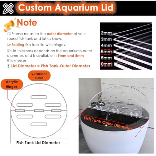 Clear Acrylic Lid for Round Aquarium, Cat Proof Fish Tank Top Cover, Cuttable Terrarium Anti-Jump Hood with Hole & Hinges, Folding Flip-top(33.0in83.8cm) Outer Dia 13.5in/34.3cm - size: 13.5in/34.3cm