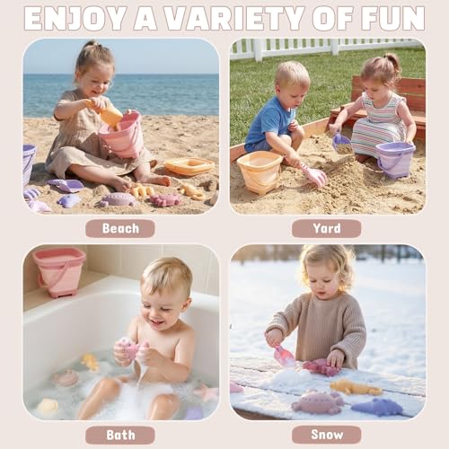 3 Pack Beach Toys Set for Kids Toddlers Girls, Collapsible Sand Buckets with Beach Molds and Mesh Bag, Sandbox Travel Toys Beach Vacation Essentials, Camping Gear, Fishing (Purple/Pink/Yellow) - color: Purple/Pink/Yellow