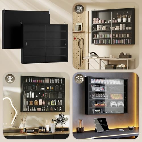 HOMCOM 5-Tier Display Cabinet, Glass Door Cabinet with Adjustable Shelves, Wall-Mounted Display Case for Playroom, Bedroom, Jet Black - color: Jet Black