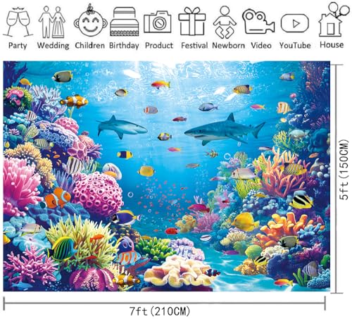 Under The Sea Backdrop Ocean Underwater World Tropical Fish Coral Summer Photography Background Aquarium Theme Baby Shower Birthday Party Decorations Banner Photo Props (7x5FT) - size: 7x5FT
